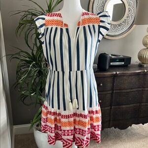 THML Striped Blue and White Dress with Pink and Orange Accents